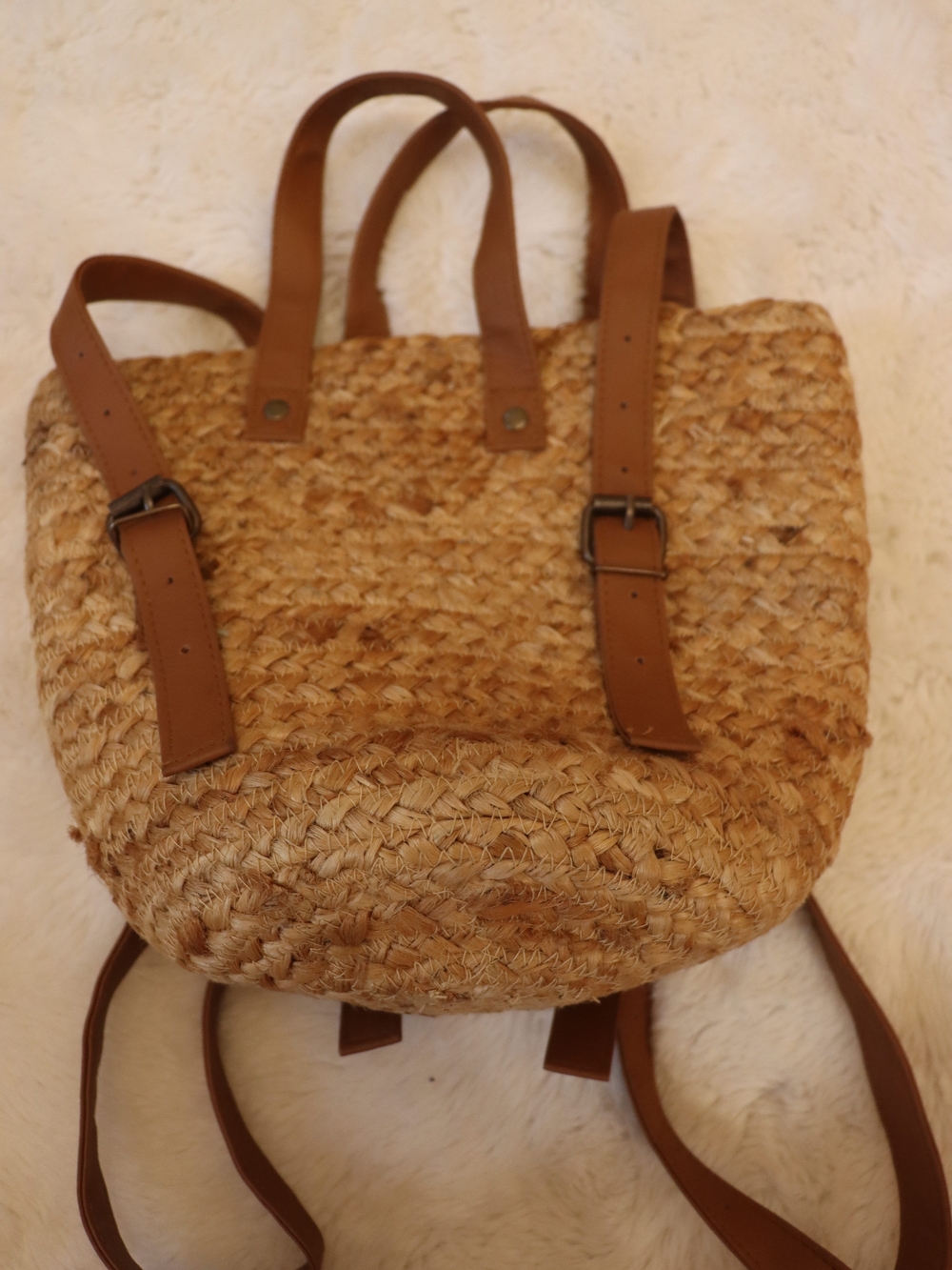 Woven Straw Tote Backpack with Brown Leather Straps